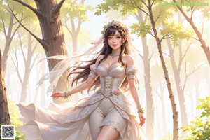 A woman in a wedding dress standing in the woods.