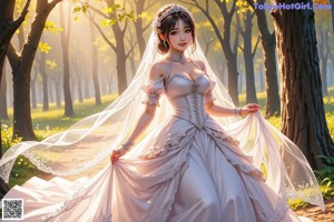 A woman in a wedding dress is posing for a picture.