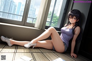 A naked anime girl sitting on a green couch.