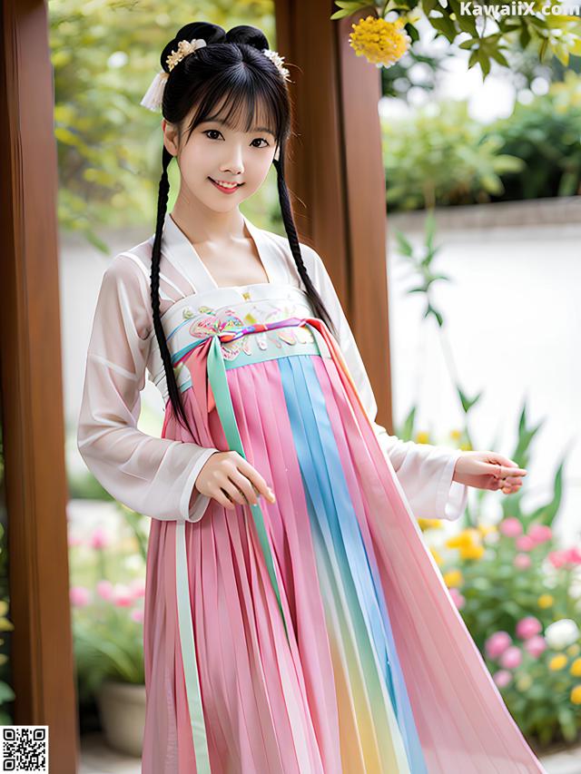 A young girl wearing a pink and blue hanbok.