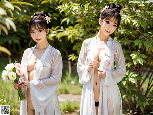 A woman in a white kimono posing for a picture.