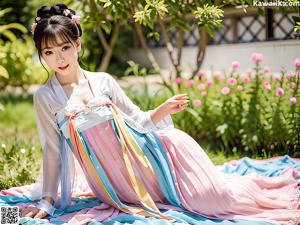 A woman in a pink and blue hanbok is posing for a picture.