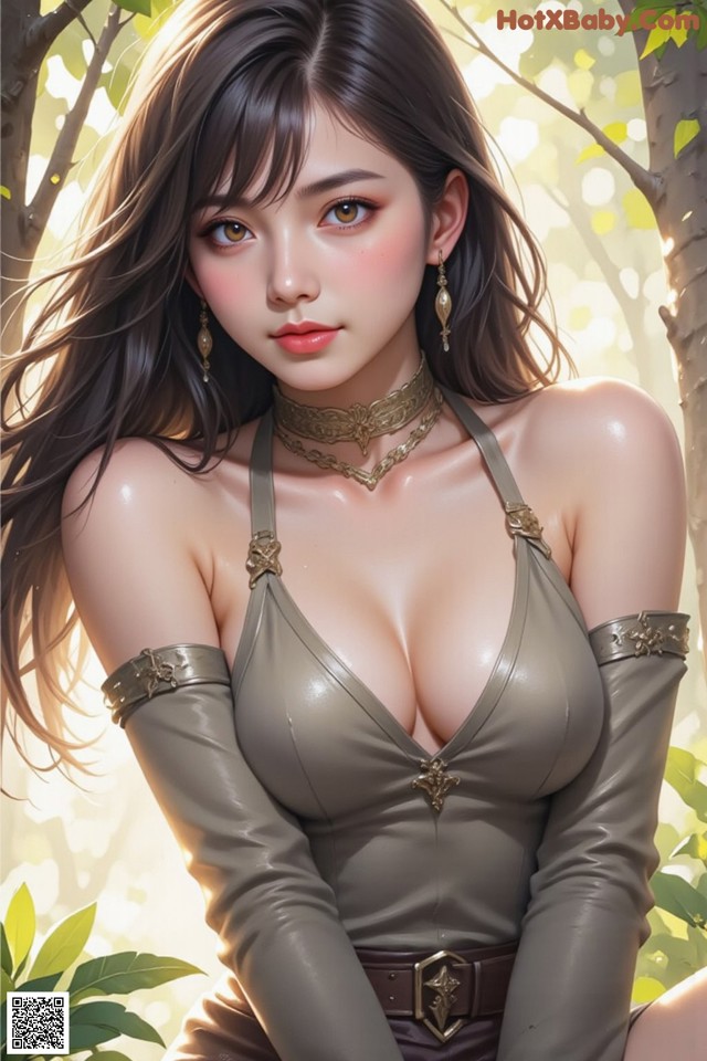 A woman in a leather outfit sitting in a tree.