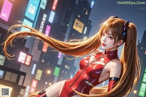 A woman in a silver and red outfit standing in the middle of a city.