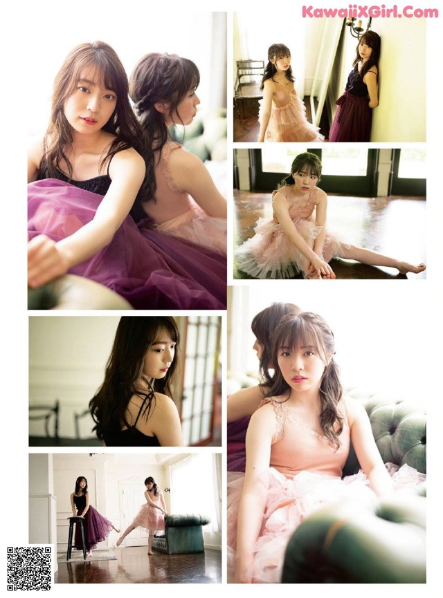 A collage of photos of a woman in a pink dress.