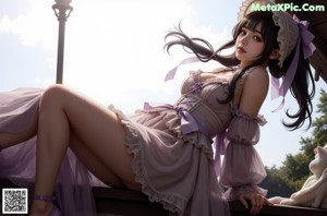 A girl with long black hair wearing a purple dress and a flower crown.