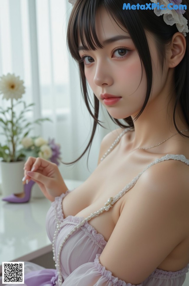 a woman in a purple dress sitting on a window sill