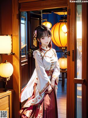 A woman in a blue and green kimono posing for a picture.