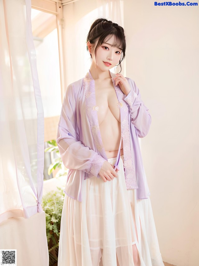 a woman in a purple robe and white skirt posing for the camera