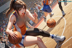 A girl in a basketball uniform crouching down with a basketball.