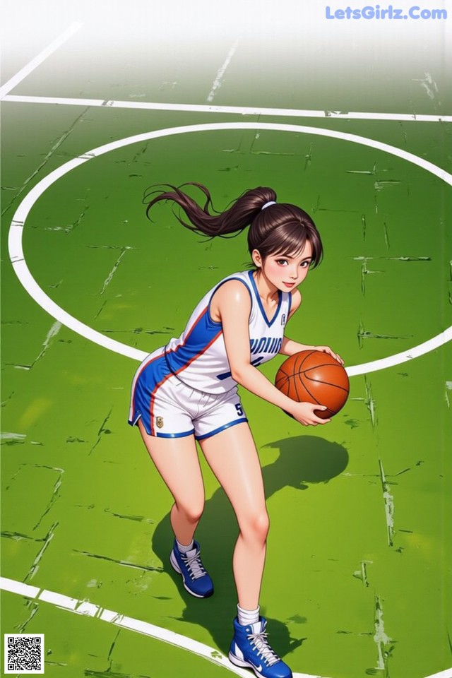 A woman holding a basketball on a basketball court.