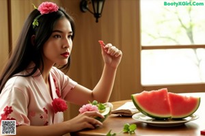 A woman sitting on a beach with a basket of food.