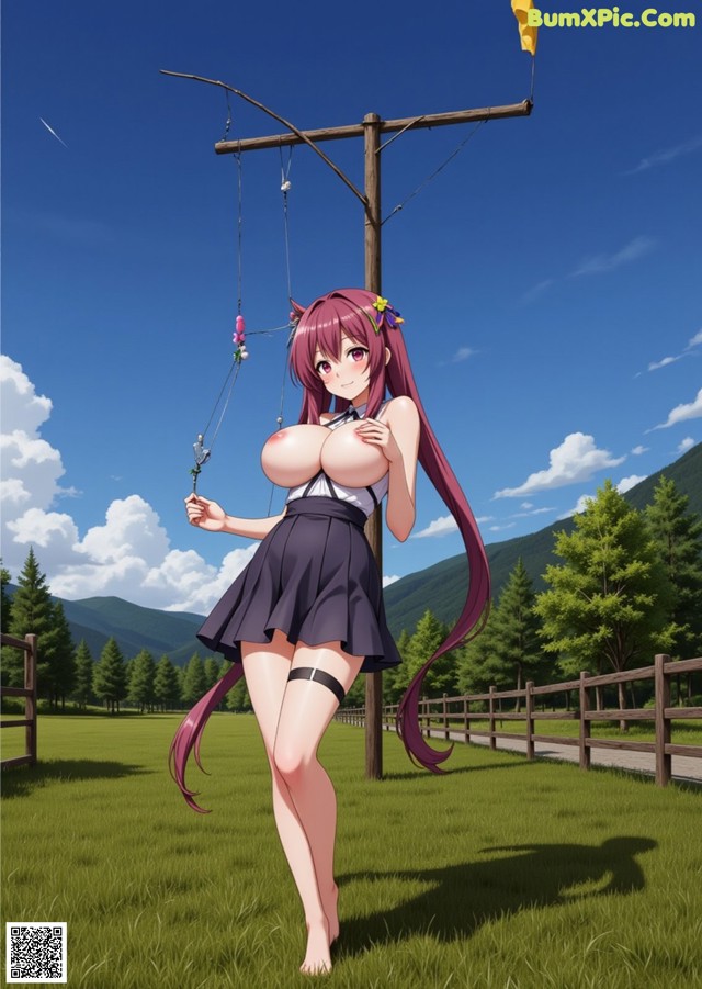 A woman in a school uniform holding a kite in a field.