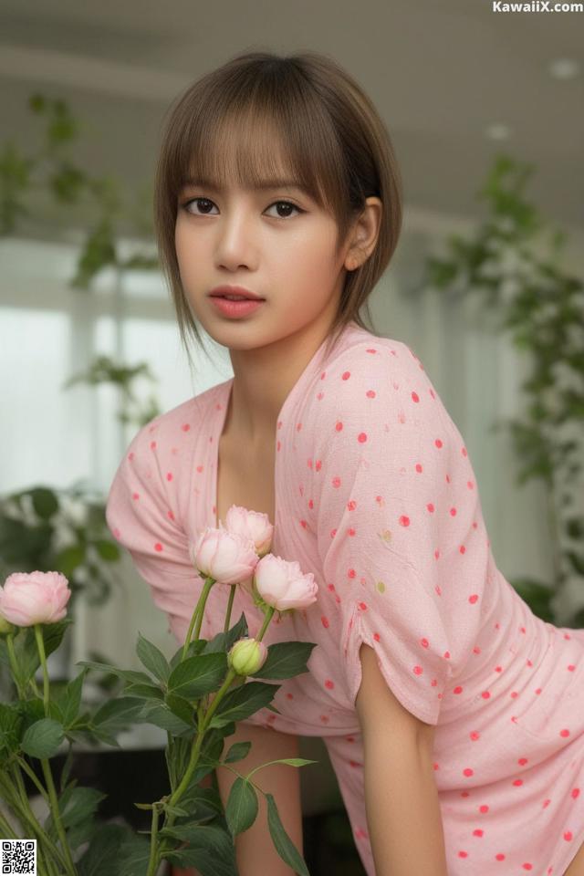 A woman in a pink polka dot shirt holding a bunch of flowers.