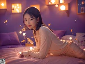 A woman in a white lingerie sitting on a bed.