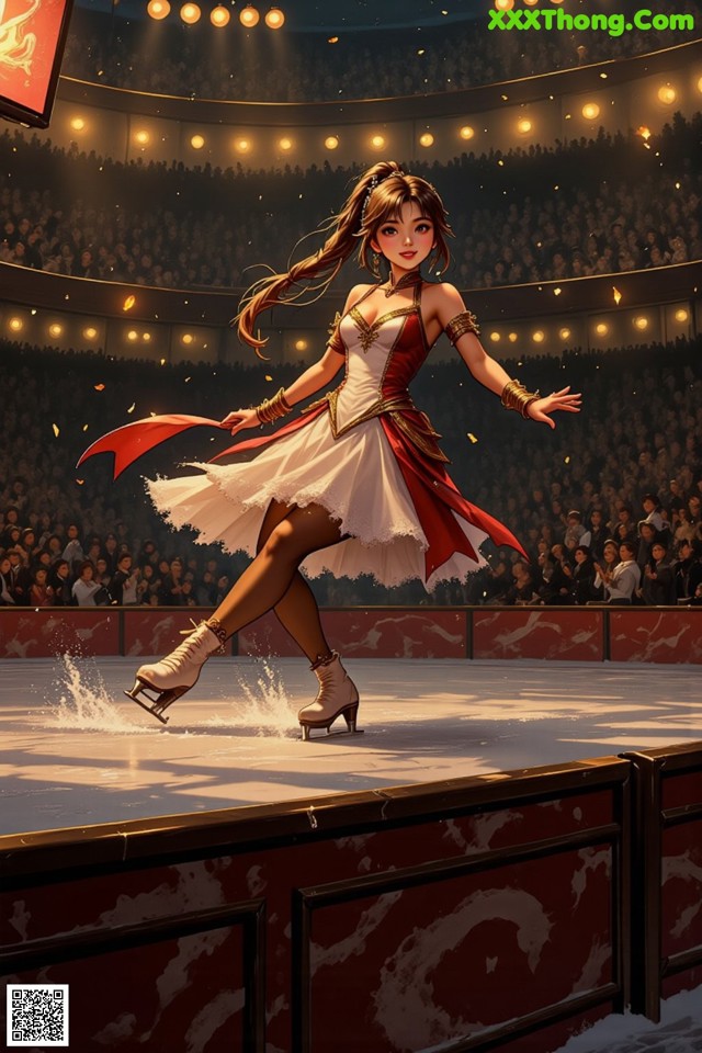 A woman in a red and white dress skating on a ice rink.
