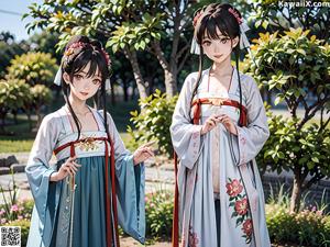 A woman in a white kimono standing in front of a lake.