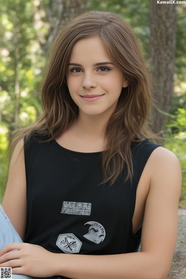 A young woman sitting on a rock in the woods.
