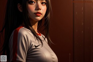A girl in a soccer uniform leaning against a tree.