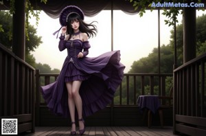 A woman in a purple dress and hat sitting on a chair.
