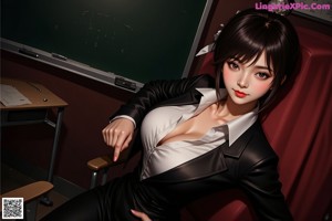 A woman sitting on a red chair in a room.