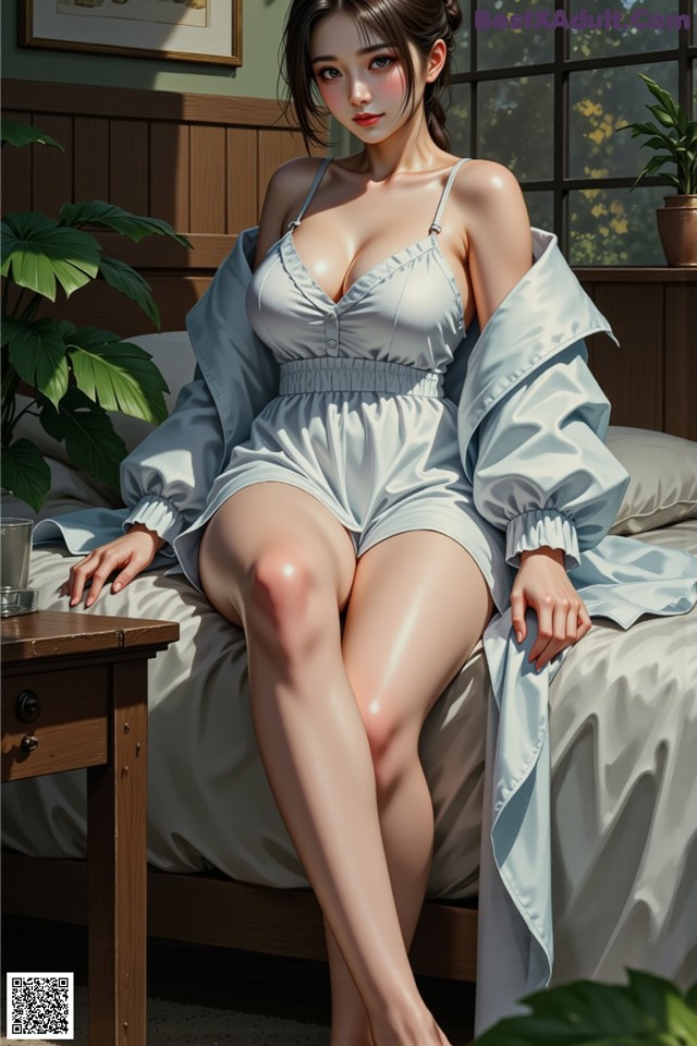 A woman sitting on a bed in a blue dress.