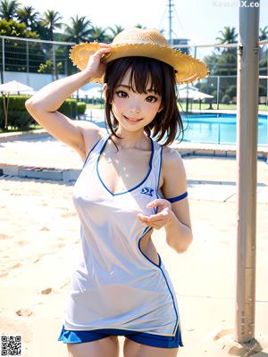 A woman in a bikini holding a basketball by a pool.