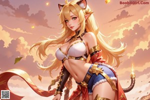 a sexy anime girl with big tits sitting on a bed