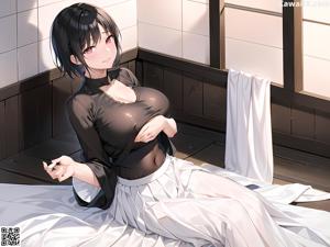 A woman in a maid outfit is sitting on a bed.