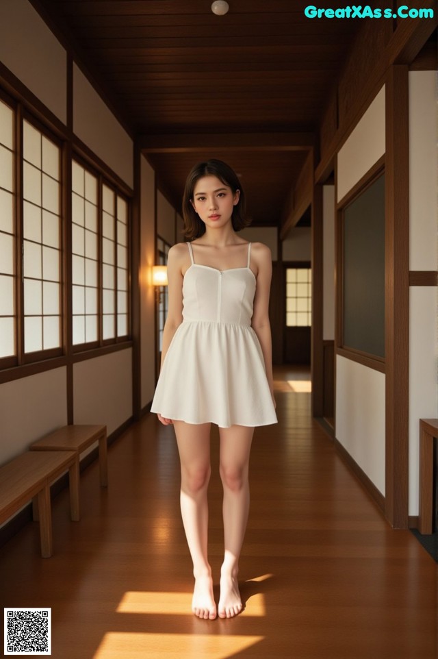 A woman in a white dress standing in a hallway.