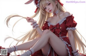 A woman in a red and white dress with a bunny hat.