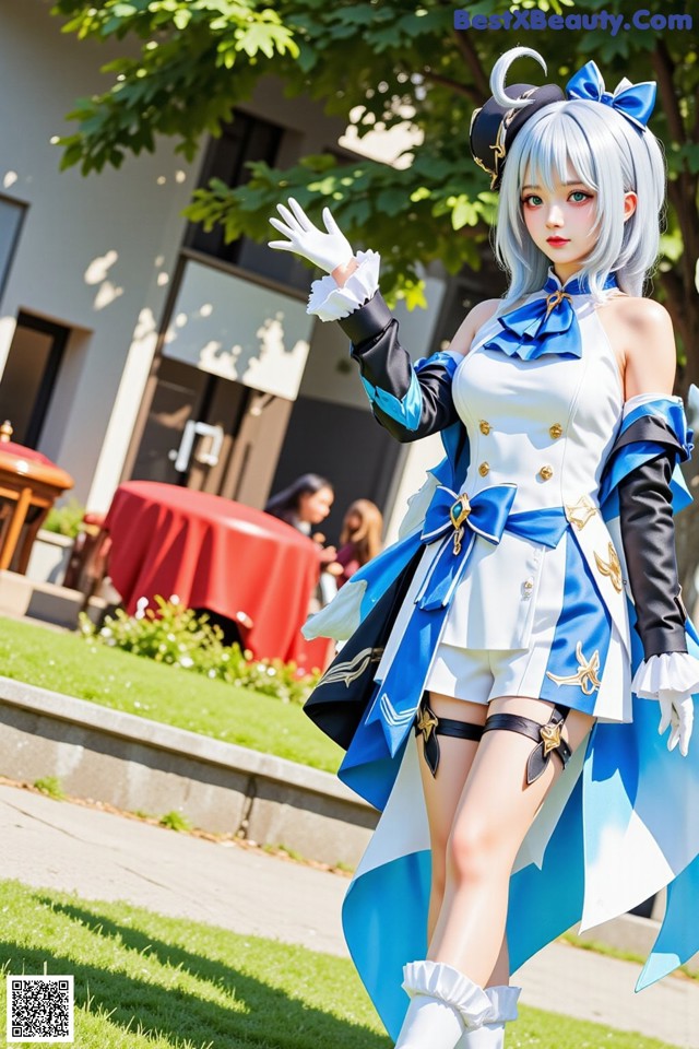 A woman in a blue and white outfit is posing for a picture.