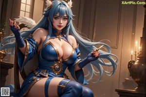 A woman with long blue hair wearing a dress and a crown.