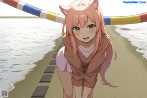 A woman in a pink bikini leaning against a pole.