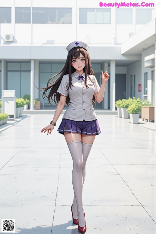 A woman in a nurse uniform is walking down a sidewalk.