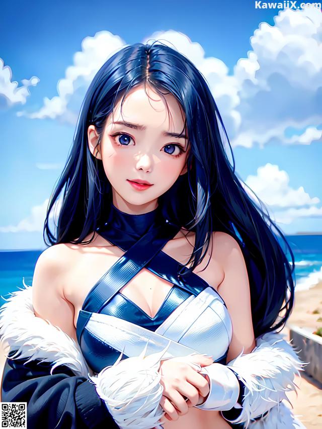 A woman with long black hair standing on a beach.