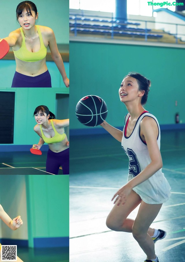 A woman holding a ping pong paddle and a basketball.