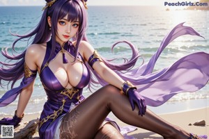 A woman in a purple dress is standing in the water.