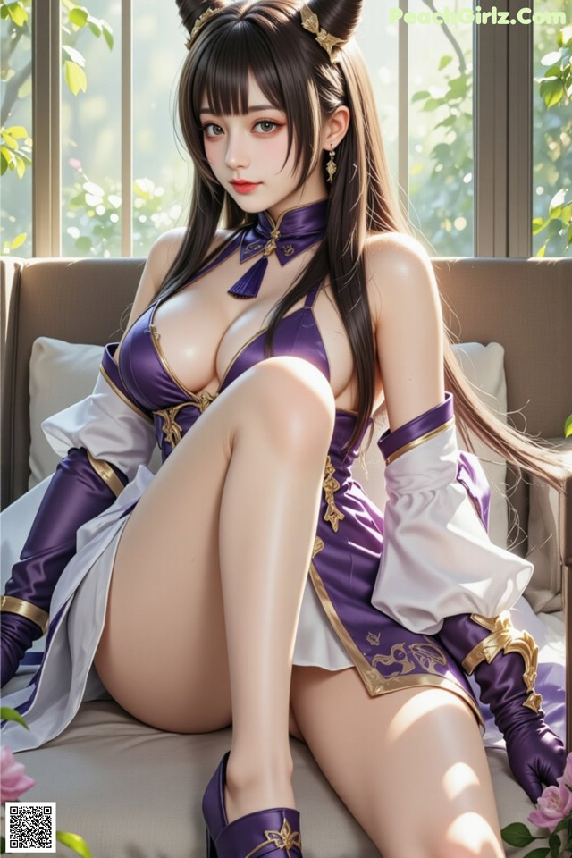 Hentai - Sovereign of Lightning in Exquisite Garb Set.2 20250126 Part 5 No.5e4282 A woman in a purple and white outfit sitting on a couch.