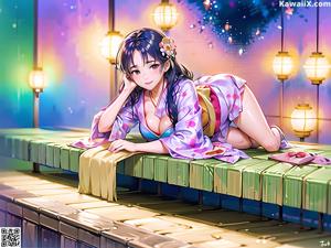 A girl in a pink kimono sitting at a table.