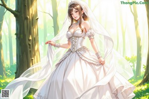 A woman in a wedding dress standing in the woods.