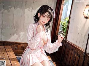 A woman in a pink robe sitting on a bed.