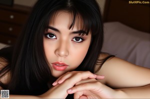 A woman with long brown hair is posing for a picture.