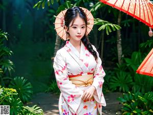 A woman in a kimono sitting on a green leaf holding an umbrella.